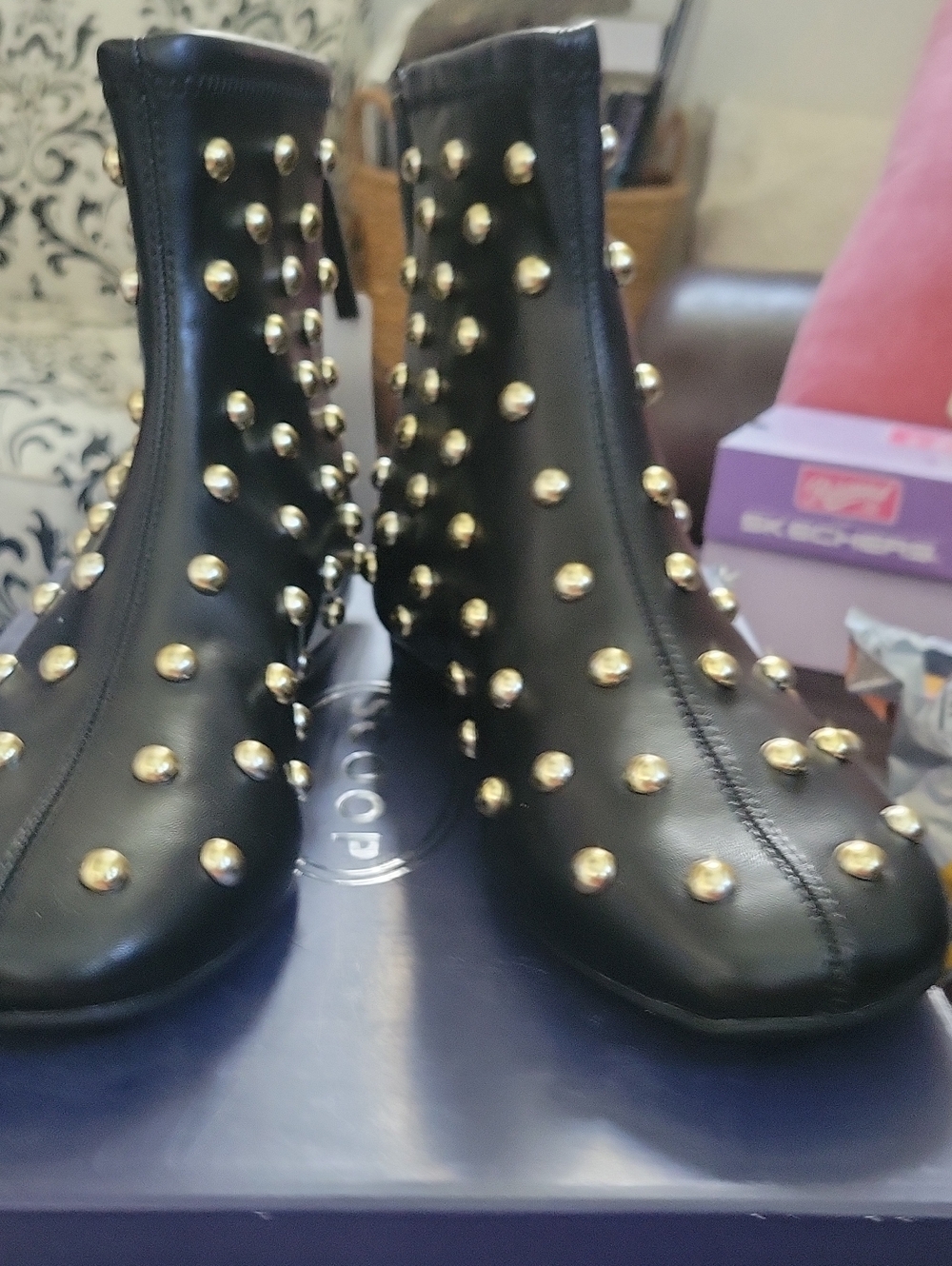 Scoop Brand Black Studded Ankle Boots with Gold Accents - Women